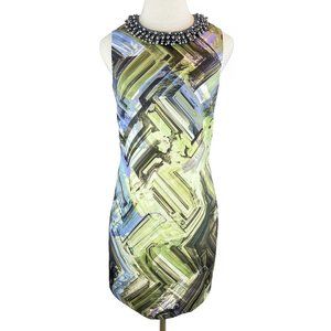 Ted Baker Oline Parquet Geo Print Bead and Crystal Collar Sleeveless Dress